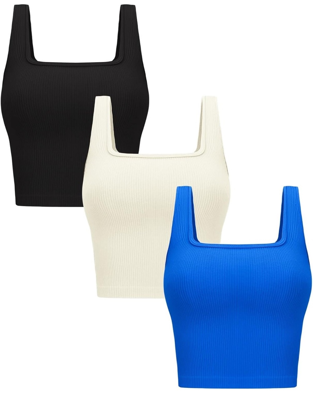Amazon Ribbed Square-Neck Tank Trio — Black, Cream & Blue